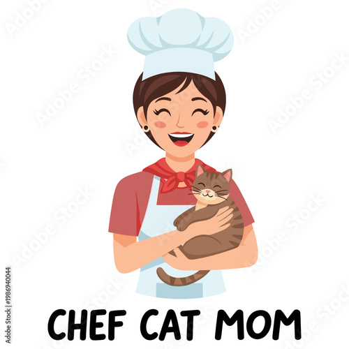 Happy Chef Cat Mom Holding Kitten, Professional Woman in Uniform Vector Illustration