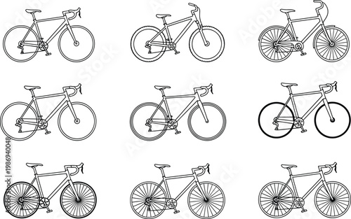 Flat vector illustration of nine different bicycle designs, black and white line art, spoked wheels, disc wheels, frame variations