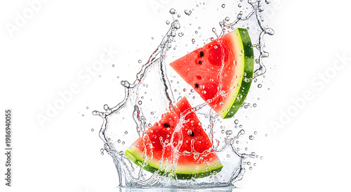 Two watermelon slices in water splash, refreshing summer fruit drink ingredient.