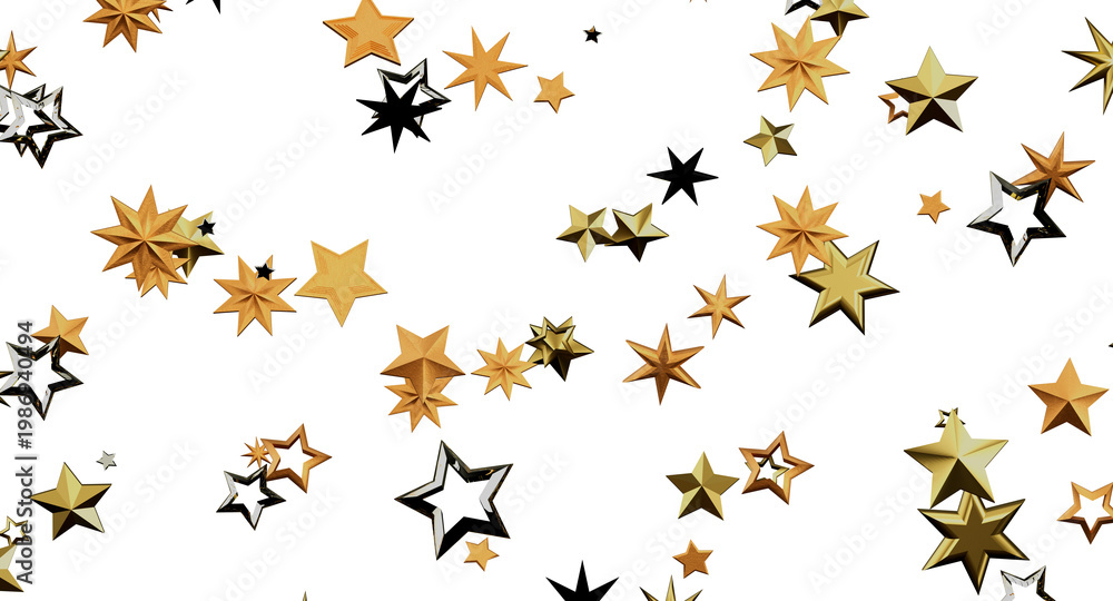 Obraz premium Abstract background of scattered stars in gold, silver and black colors. Suitable for holiday, celebration and special o