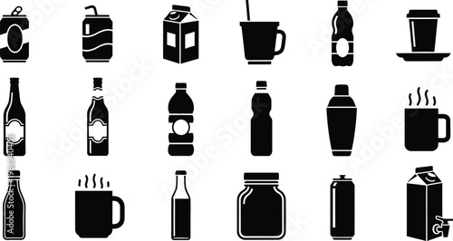 Black and white of various beverage containers and cups drink bottle