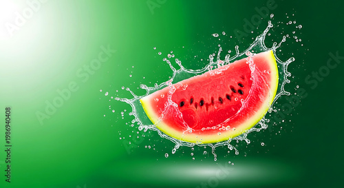 Watermelon slice with water splashes isolated on green background refreshing summer fruit.