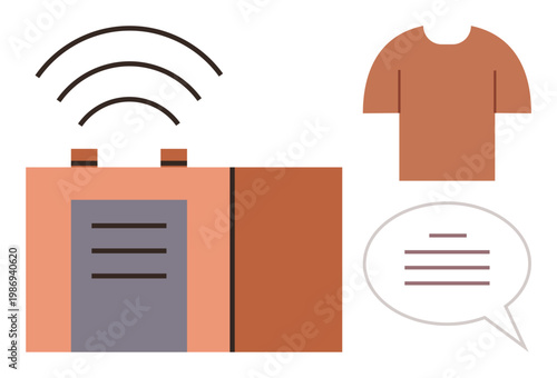 Technology, smart clothing, communication, signal transmission, wearable tech, digital interaction. Abstract elements include a signal-emitting device, shirt ion and speech bubble. Technology