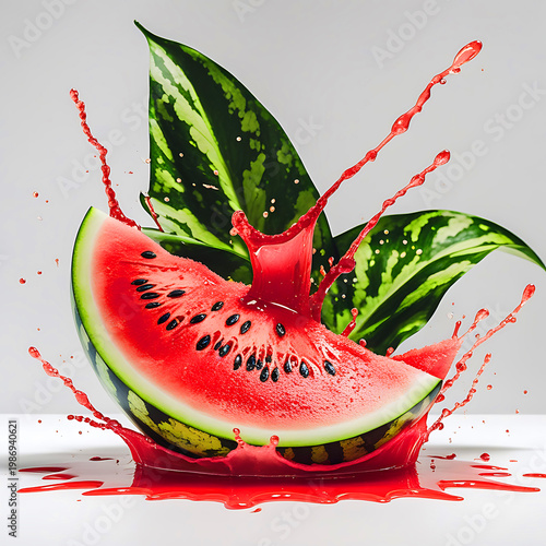 Juicy watermelon slice with splash of juice and leaves refreshing summer drink.