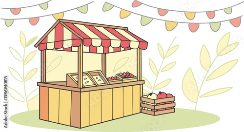 Farmer market stand vector drawing with fruit crates and festive bunting flags in outdoor setting.