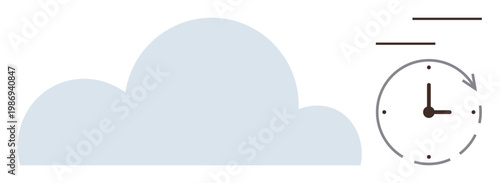 Cloud computing, data backup, synchronization, online storage, time tracking, project planning. Image of a cloud with a clock data syncing and time management. Cloud computing and time tracking theme