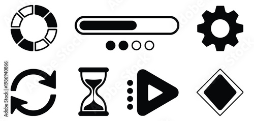 Artwork loading progress bar and status icon set featuring circular buffer bar, hourglass, refresh, gear, and play symbols for web usage,  design, software interfaces, and interactive digital 