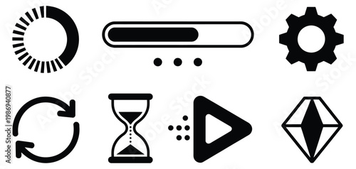 Artwork loading progress bar and status icon set featuring circular buffer bar, hourglass, refresh, gear, and play symbols for web interfaces, design, app development, and digital loading indicator
