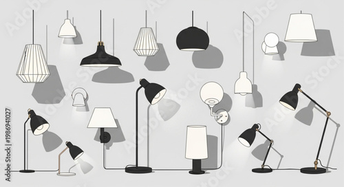 Collection of various modern lamps and light fixtures.