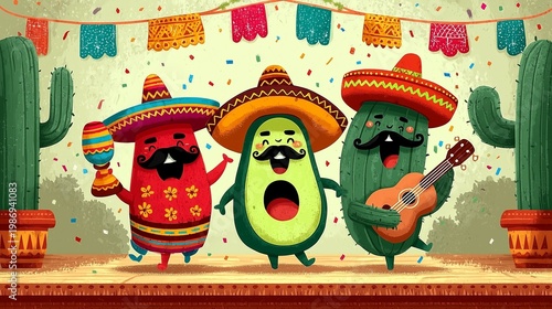 Vibrant Cinco de Mayo Celebration With Playful Characters and Festive Decorations