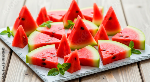 Watermelon slices arranged on white slate platter decorated with fresh green mint leaves.