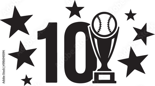 Trophy icon, baseball award, starburst design, number 10