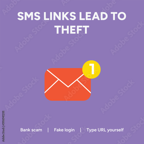 Informative vector graphic illustration depicting a digital mobile message icon used to warn users about dangerous malicious sms phishing scams