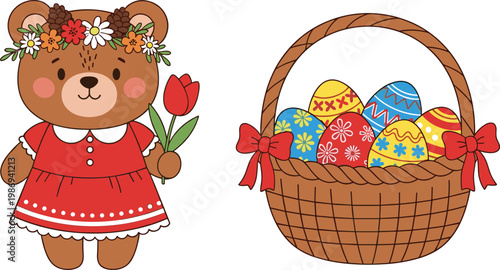 Cute Easter Bear in Red Dress with Flower Crown Holding Tulip, Easter Basket with Colorful Painted Eggs for Spring Holiday Illustrations