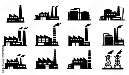 Industrial factory silhouette vector set with power plant buildings and warehouse structures isolated on white background