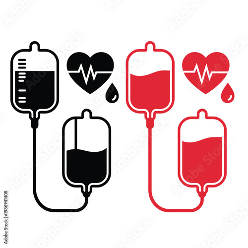 Blood donation and transfusion iv drips hearts and medical supplies