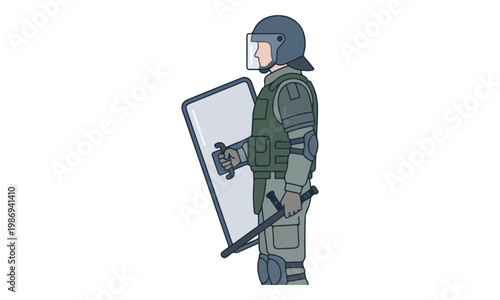 Riot Police Officer with Shield and Baton in Full Tactical Gear