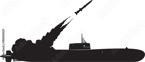 Black submarine launching missile, naval warfare vector icon, military boat silhouette, ocean defense symbol