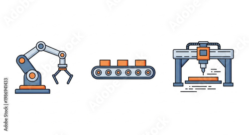 Industrial automation equipment including robotic arm conveyor belt and CNC machine.