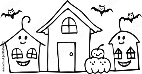 Cute haunted houses and smiling pumpkins with bats flying, trick or treat, funny spooky scene.