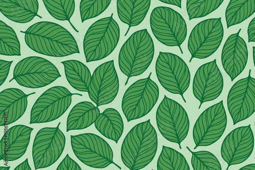Vector illustration of a green leaf pattern for textile design, combining multiple leaf forms, smooth curves, and a seamless layout for a modern and organic background.