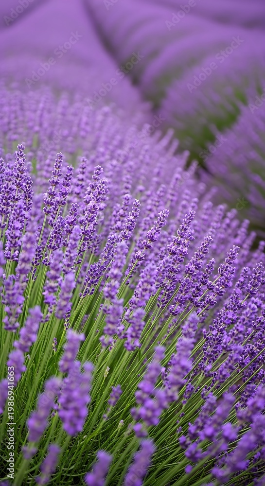Obraz premium Vast rows of vibrant purple lavender flowers in bloom creating a beautiful natural landscape under soft natural light