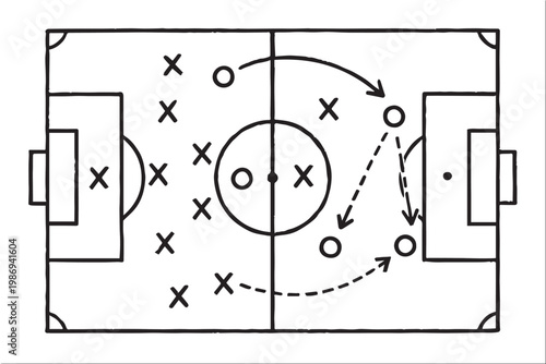 Vector illustration showing a football tactic sketch on a chalkboard, using clean monochrome lines, player icons, and arrows to represent strategy, movement, and teamwork.