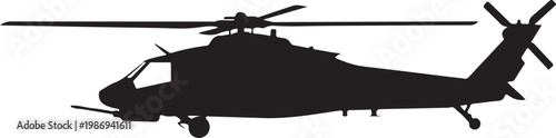 Black helicopter silhouette, aircraft icon, rotorcraft symbol, aviation graphic
