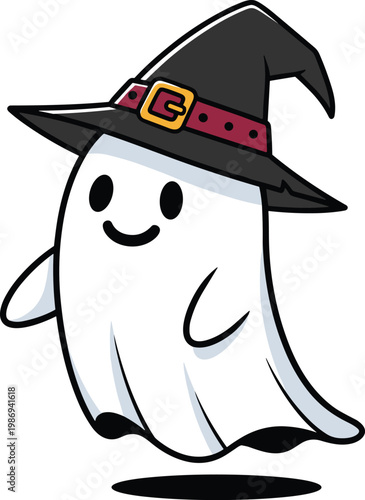 Adorable Cartoon Ghost Wearing a Witch Hat for Halloween, Spooky, Cute, and Whimsical Illustrations