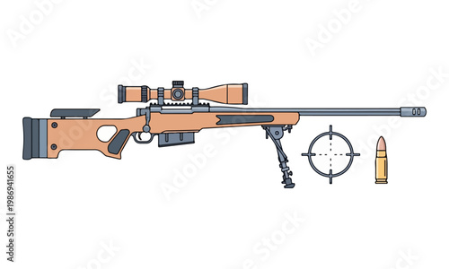 Sniper rifle illustration with optical scope bipod and bullet
