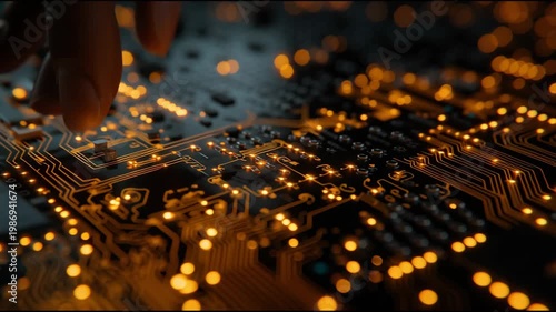 Exploring Golden Traces on a Dark Circuit Board With Hands Working on Connections and Components in Clear Detail