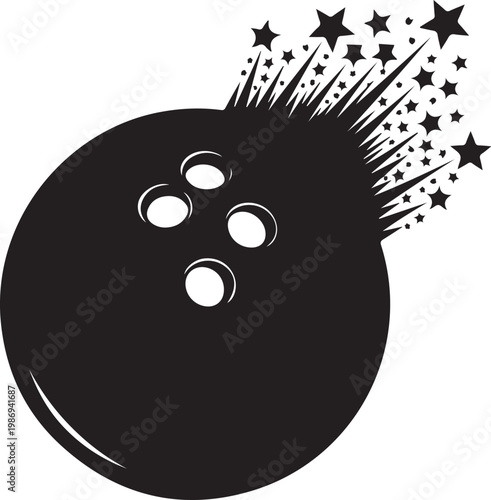 Black bowling ball, striking stars, vector illustration, sports icon, game concept