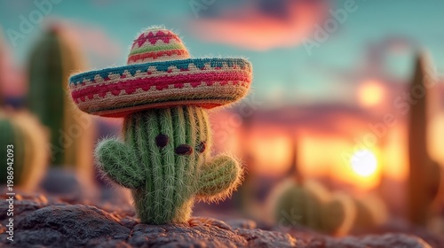 Vibrant Cinco de Mayo Sunset with Adorable Cactus Wearing Sombrero