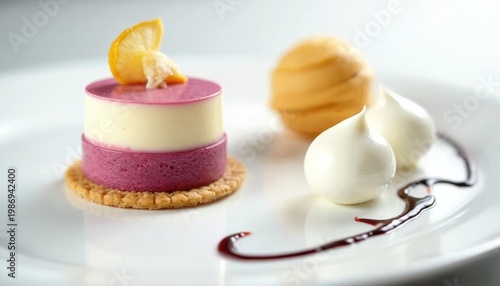 Layered berry mousse dessert with cream topping and fruit slice served on white plate. Elegant plated food includes sorbet and meringue dollops artfully arranged.