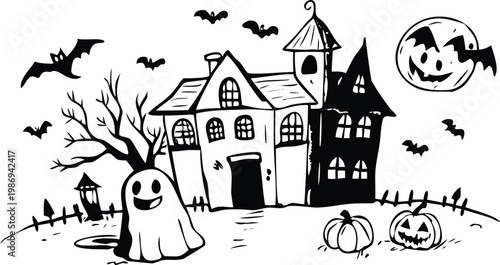 Spooky halloween landscape with haunted house ghost and bats flying over carved pumpkin on hills.