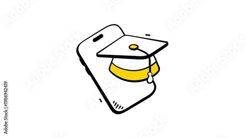Smartphone with graduation cap, concept doodle animated icon of online education