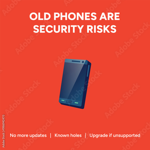 Flat vector graphic illustration depicting an outdated smartphone that presents critical security risks for users needing urgent software protection updates