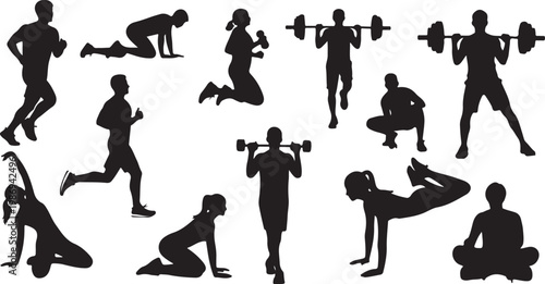 Black silhouette fitness icons, 13 exercise people, workout vector set, gym and sports illustrations