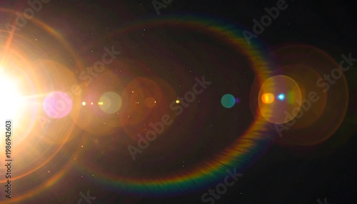 Intense light flares across a dark background with a bright, radiant glow and soft rainbow halos