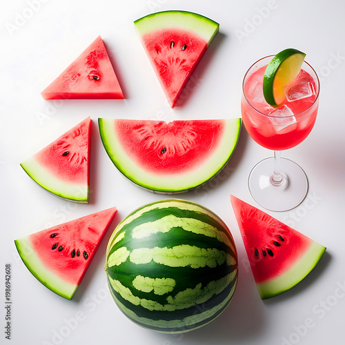 Artistic watermelon display featuring whole fruit and triangular slices with summer drink.