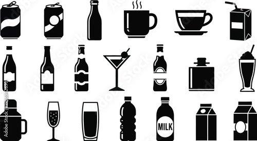 Black and white of various drinks and bottles beverage