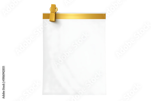 Blank White Paper Sheet with Golden Paper Clip, isolated on a transparent background.
