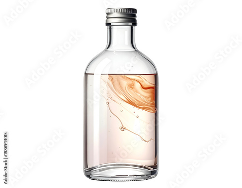 Clear bottle of pale rose liquid with swirled amber tones