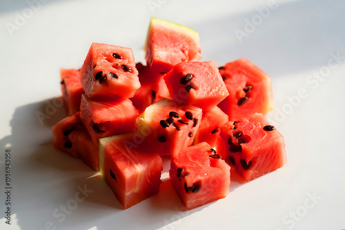 Heap of cubed watermelon pieces in bright sunlight with shadows.