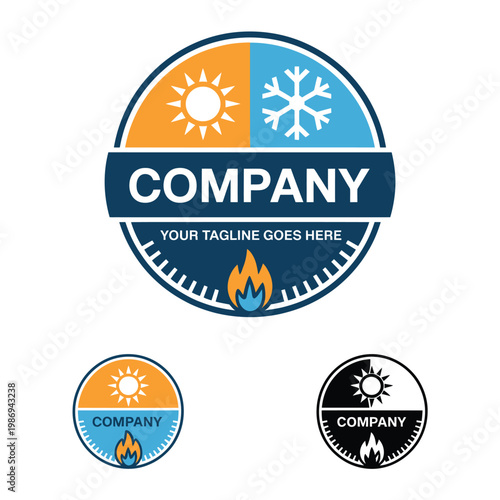 A circular logo depicting sun snow and flame with company branding