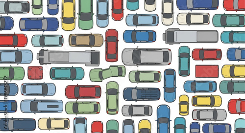 Overhead view of many colorful cars parked closely together.