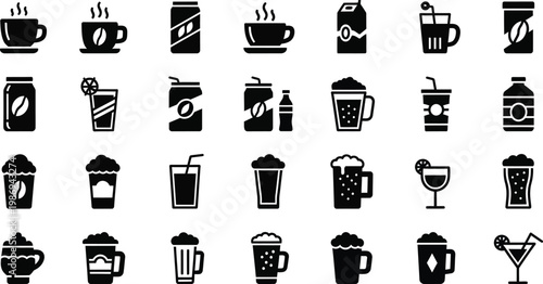 Black and white of various drinks drink beverage coffee cocktail soda juice