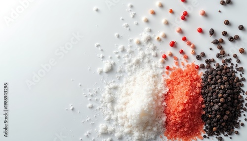 Different sea salt types and peppercorns arranged on white surface. White salt, pink salt, black peppercorns and pink peppercorns with scattered white salt grains.