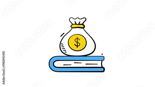 Money bag on book denoting concept doodle animated icon of financial education