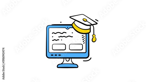 Graduation cap on computer denoting elearning, digital classes and virtual education doodle style animated icon